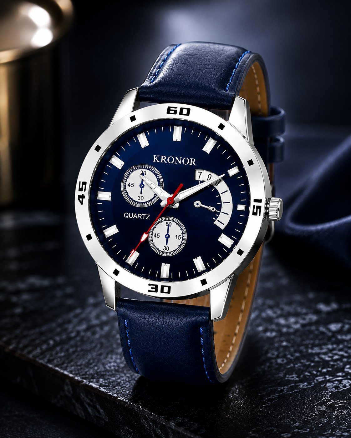 KRONOR MERIDIEN with navy dial and navy leather strap