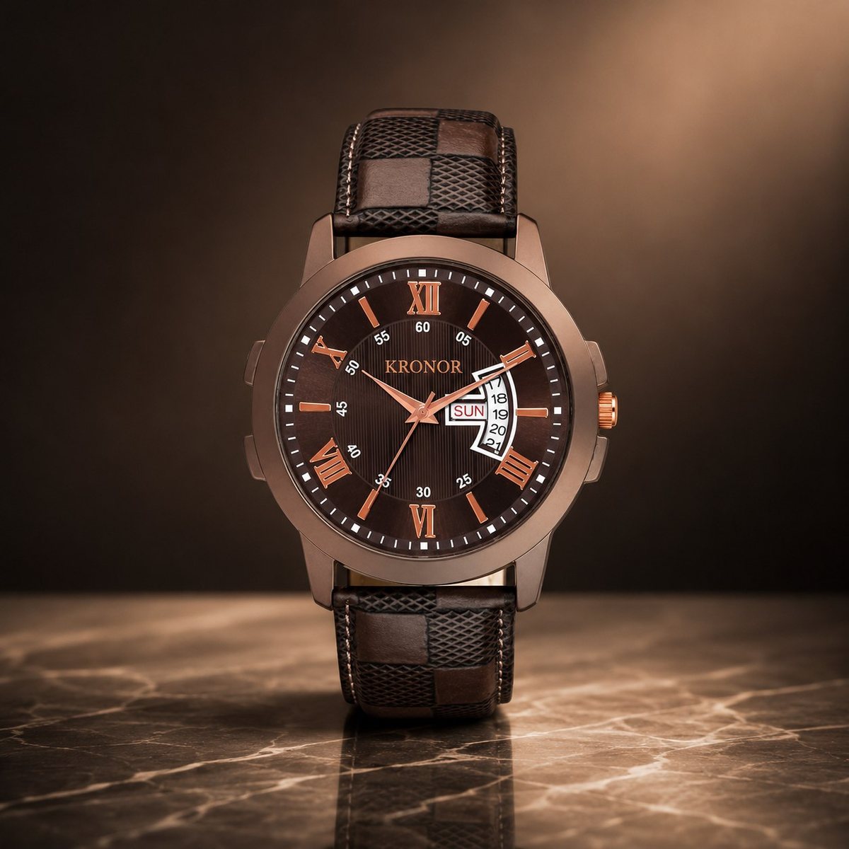 KRONOR VIREO with brown dial and brown leather strap, on a marble surface